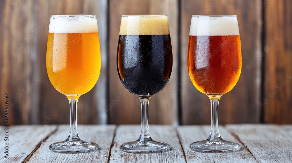 Three different styles of beer served in elegant glasses, showcasing varying colors and textures against a rustic wooden background. Three different styles of beer served in elegant glasses, showcasing varying colors and textures against a rustic wooden background.