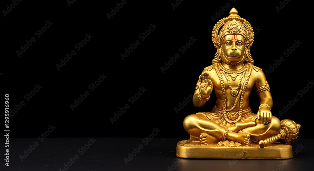 Happy Hanuman Jayanti social Golden Hindu deity statue, intricate details, sitting in lotus position, meditative pose, ornate crown, jewelry, serene expression, black background, copy space for text Happy Hanuman Jayanti social Golden Hindu deity statue, intricate details, sitting in lotus position, meditative pose, ornate crown, jewelry, serene expression, black background, copy space for text