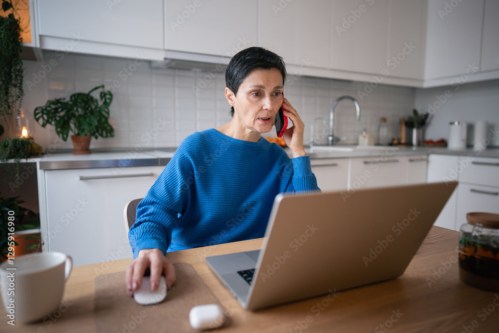 Confident businesswoman multitasks remotely, working on laptop and smartphone. Home office, irregular work schedule, management tasks, problem solving from home, telecommuting and freelance online