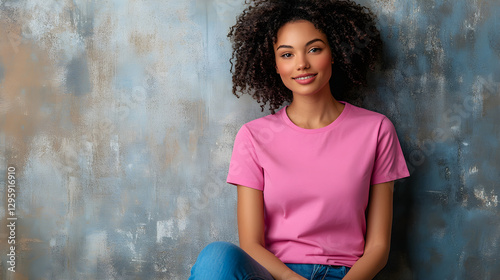 A female model in a pink plain t-shirt, sitting casually, with clear space for custom printing on the front photo