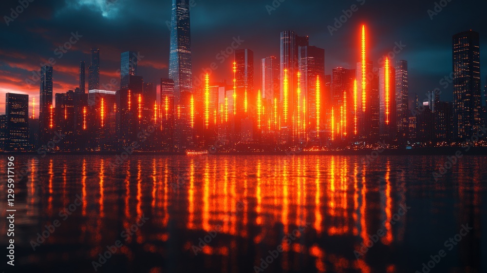 Fototapeta premium Vibrant City Skyline Reflecting Colorful Light Bars Over Water at Dusk, Showcasing Urban Development and Modernity in Contemporary Architecture and Scenic Beauty
