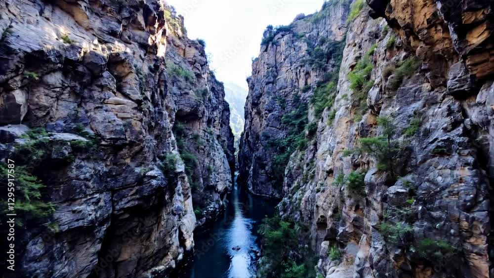Majestic canyon landscape with a serene river flowing through rocky cliffs under clear skies Majestic canyon landscape with a serene river flowing through rocky cliffs under clear skies