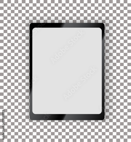 Vertical digital tablet with empty dark display, black frame, and high-quality reflection, placed on a checkered transparent background for easy customization in digital marketing and tech projects