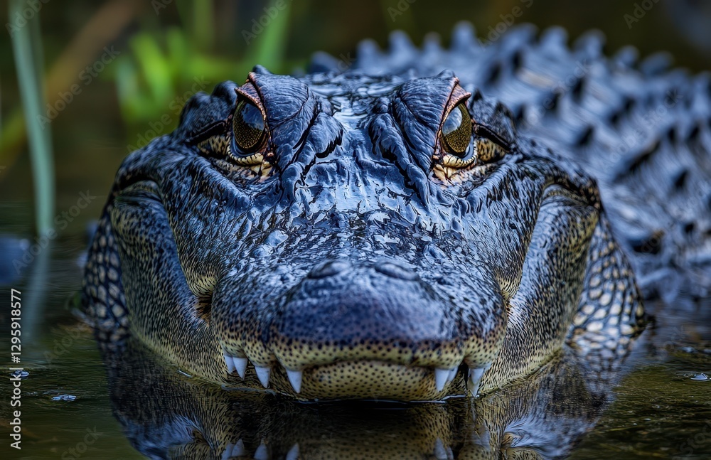 Fototapeta premium Close-Up of Alligator's Face with Intense Eyes and Detailed Scales in Natural Habitat, Showcasing Wildlife Photography in Vibrant Colors and Textures