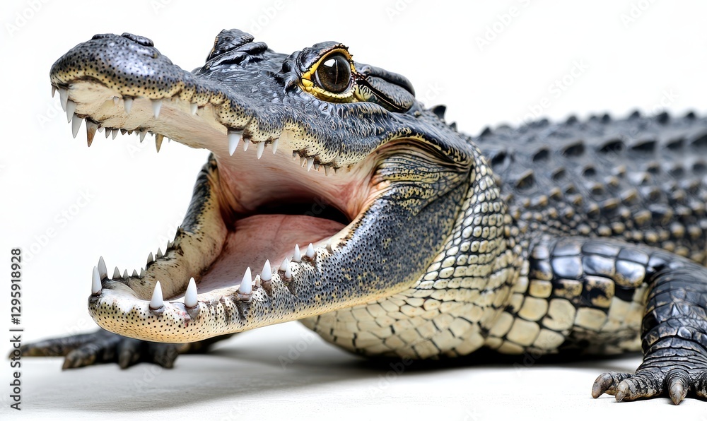 Naklejka premium Close-Up of an Aggressive Alligator with Open Mouth Showcasing Sharp Teeth and Detailed Scales on a Light Background