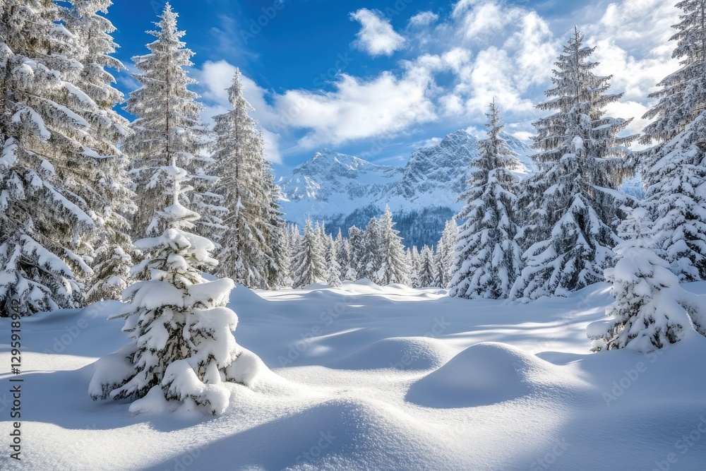 Winter wonderland, snow-covered pine trees, pristine white landscape, bright blue sky, fluffy clouds Winter wonderland, snow-covered pine trees, pristine white landscape, bright blue sky, fluffy clouds