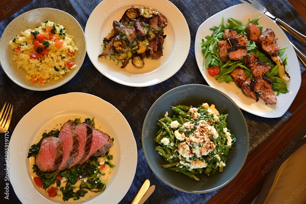 Three nutritious high-protein dinners served in a casual setting. Three nutritious high-protein dinners served in a casual setting.