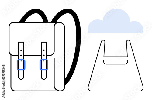 Backpack with dual straps and blue buckles beside a simple shopping bag underneath a blue cloud. Ideal for education, retail shopping, cloud storage, simplicity, eco-friendliness, modern style
