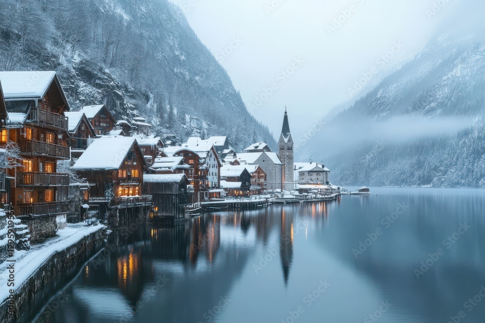 Fototapeta premium Winter wonderland, snowy alpine village, lakeside reflection, traditional wooden houses
