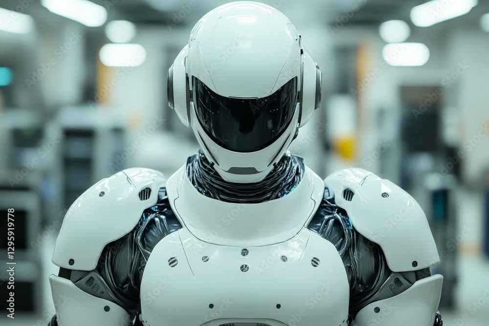 Fototapeta premium Advanced humanoid robot stands ready in a high-tech laboratory displaying cutting-edge technology