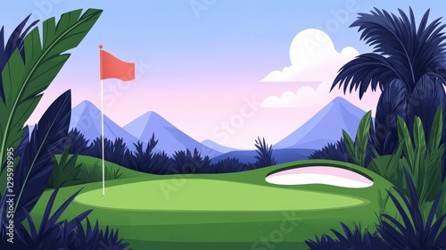 A picturesque golf course scene with scenic mountains in the background