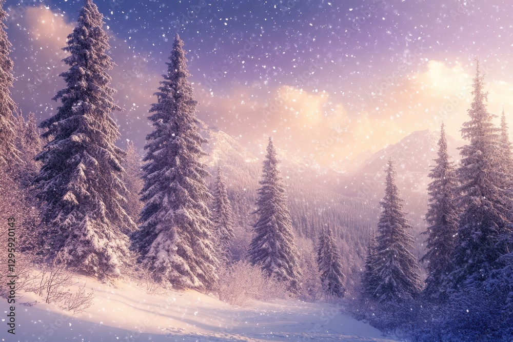 Naklejka premium Winter wonderland, snowy forest, majestic pine trees, heavy snowfall, twinkling stars, ethereal glow