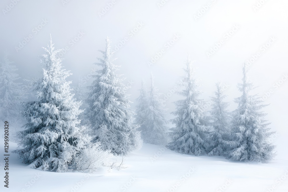 Naklejka premium Winter wonderland, snowy forest panorama, frost-covered trees, misty atmosphere, serene