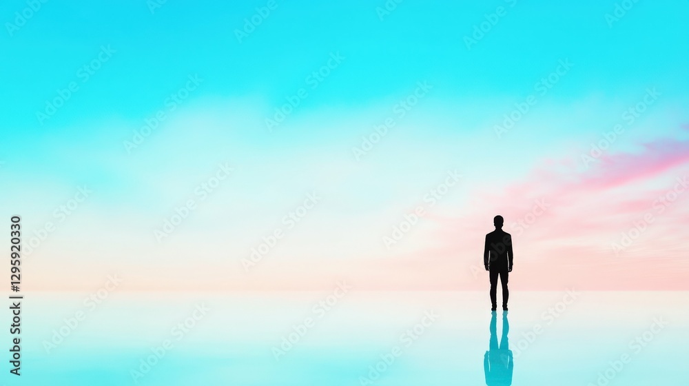Silhouette of male figure against vibrant pastel sky reflection Silhouette of male figure against vibrant pastel sky reflection