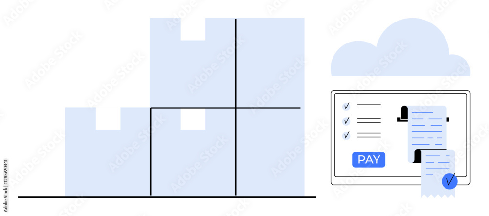 Fototapeta premium Product boxes stacked beside a cloud-connected tablet displaying a payment list with a pay button. Ideal for retail, logistics, e-commerce, cloud tech, finance management, digital transactions