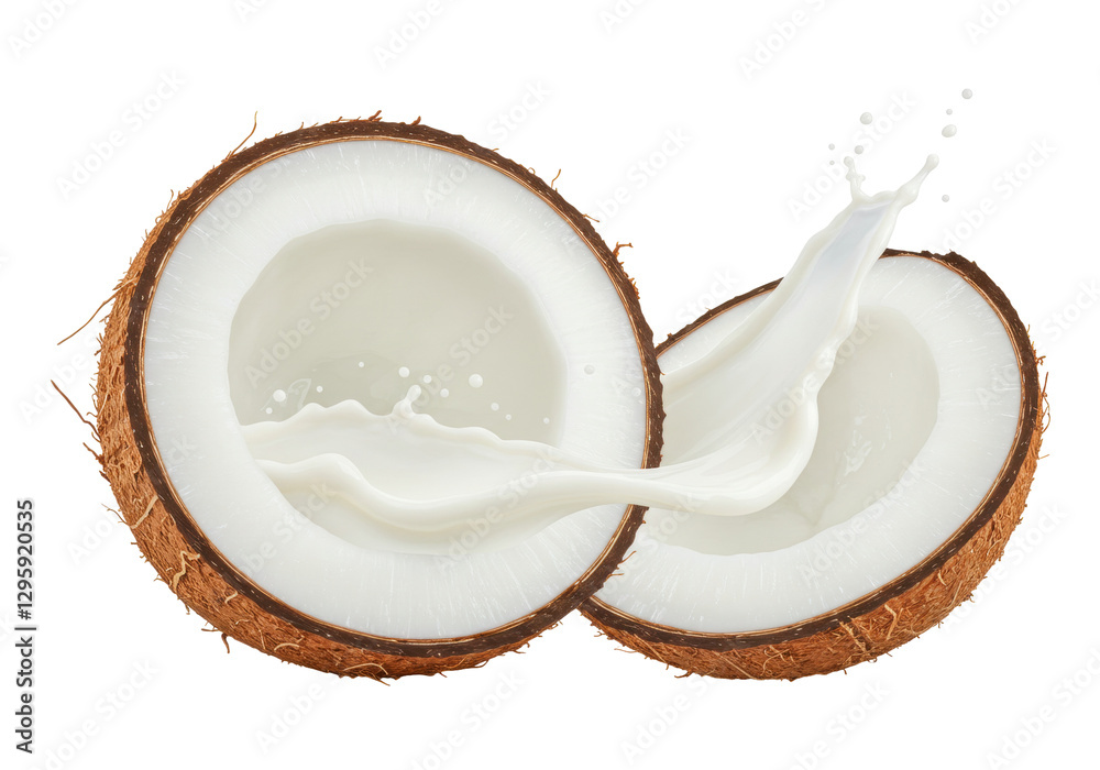 Isolated Coconut Halves with Milk Splashing Inside Isolated Coconut Halves with Milk Splashing Inside