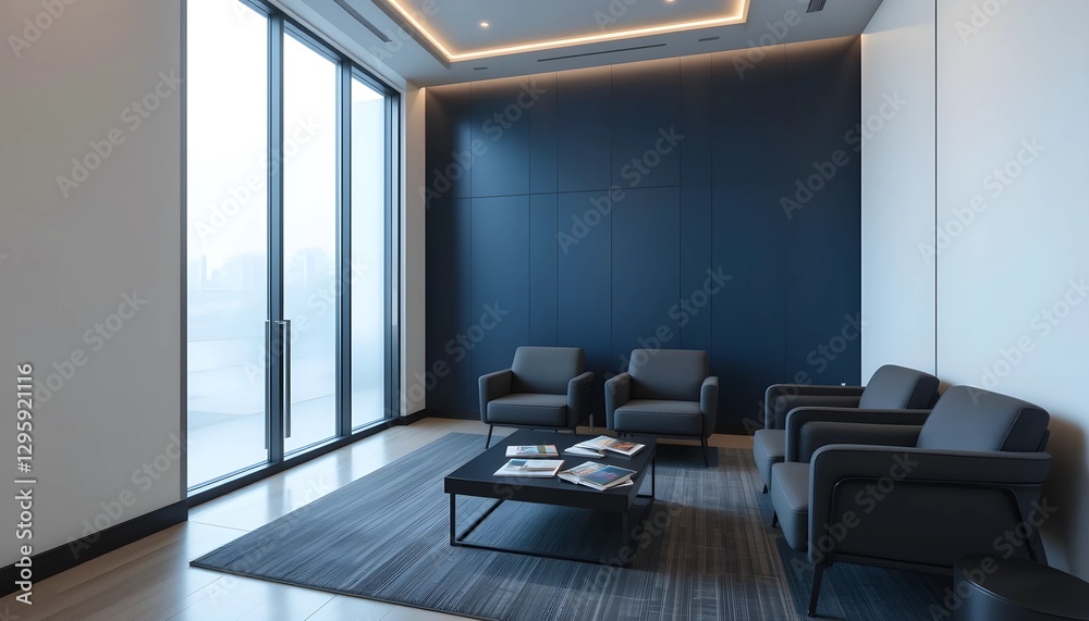 Fototapeta premium Modern Waiting Room with Navy Blue Walls and Minimalist Design