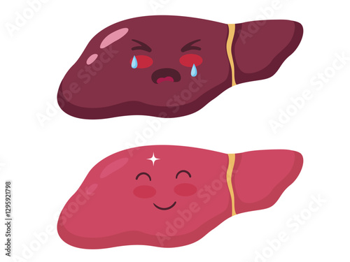Healthy liver and liver cancer, cute happy and sad liver, human organ