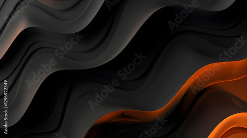 The dynamic wavy pattern in black and orange hues creates a sleek and energetic abstract background, ideal for modern and futuristic design projects with a creative and contemporary vibe