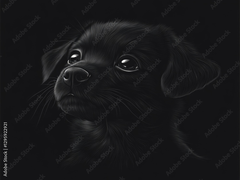 Black puppy with expressive eyes gazes thoughtfully against a dark background, highlighting its features and emotions Black puppy with expressive eyes gazes thoughtfully against a dark background, highlighting its features and emotions