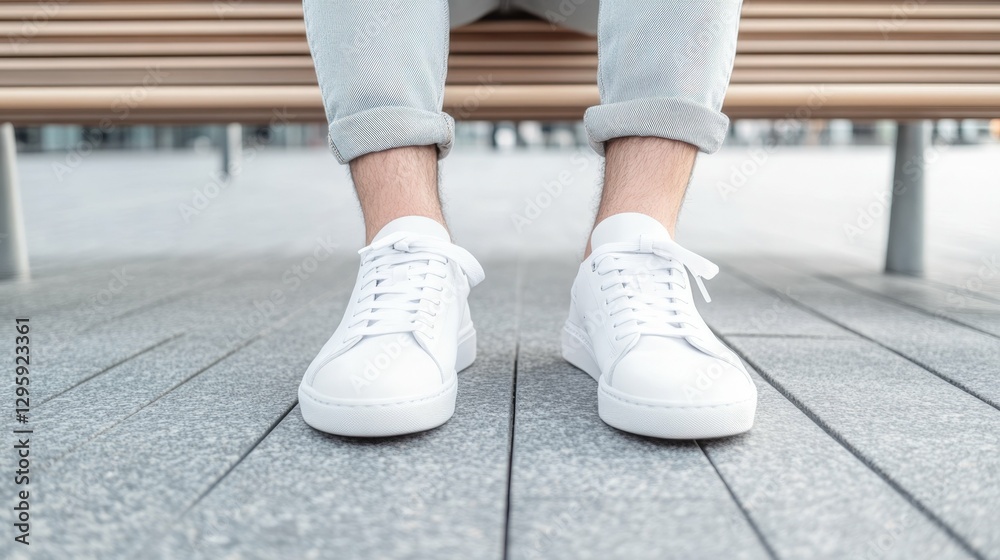 Casual white sneakers on pavement with rolled-up jeans Casual white sneakers on pavement with rolled-up jeans