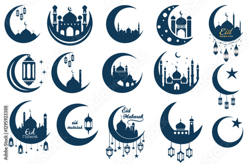 Set of Islamic crescent moon and mosque silhouettes, ideal for Eid and Ramadan-themed designs. High-quality vector illustration.