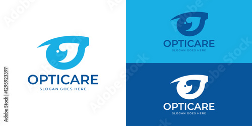 Simple optic care logo. Eye with glasses logo design vector illustration.