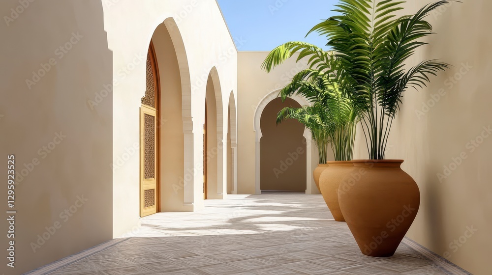 Fototapeta premium Sunlit Mediterranean Courtyard with Terracotta Pots and Palm Trees