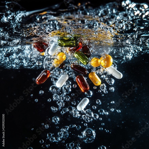 Wallpaper Mural Colorful capsules splashing in water Macro shot of vitamin capsules dissolving in water with energetic splashes, concept of rapid nutrient absorption for athletes. Colorful capsules splashing in water Torontodigital.ca