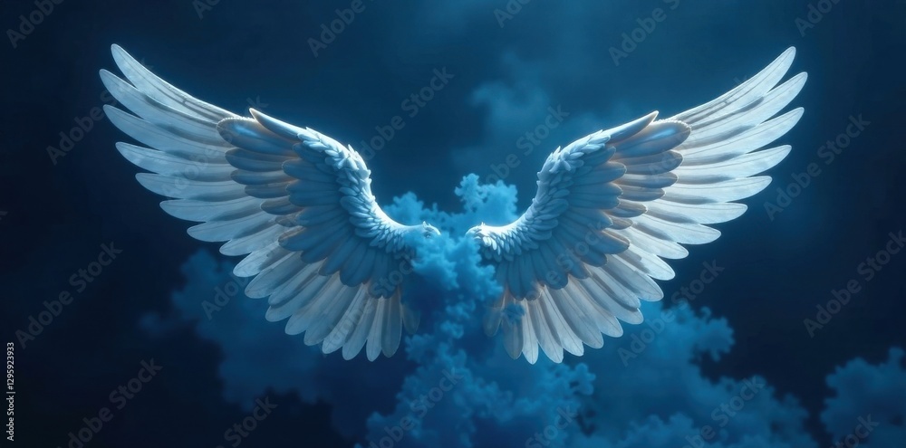Obraz premium Angel wings unfolding from a dark blue misty background, winged creature, angel wings, mystical