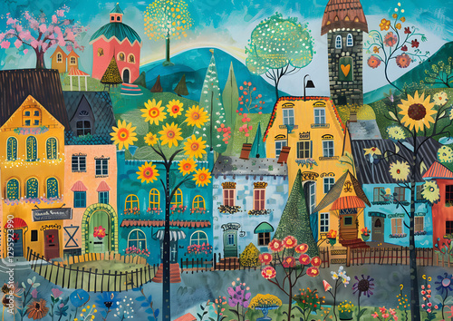 This description depicts a lively village featuring colorful houses, blooming flowers, and vibrant greenery, capturing the joy and beauty of springtime in a charming countryside setting
