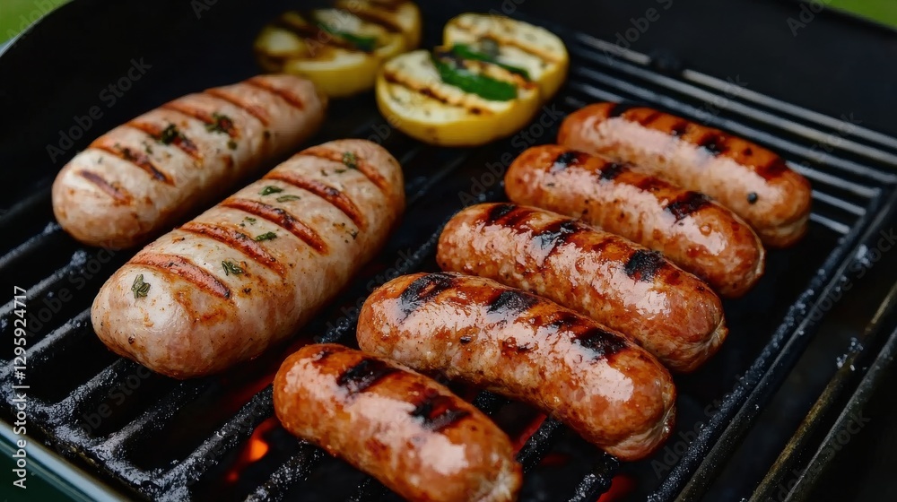 Grilling sausages and zucchini slices on a barbecue grill Grilling sausages and zucchini slices on a barbecue grill