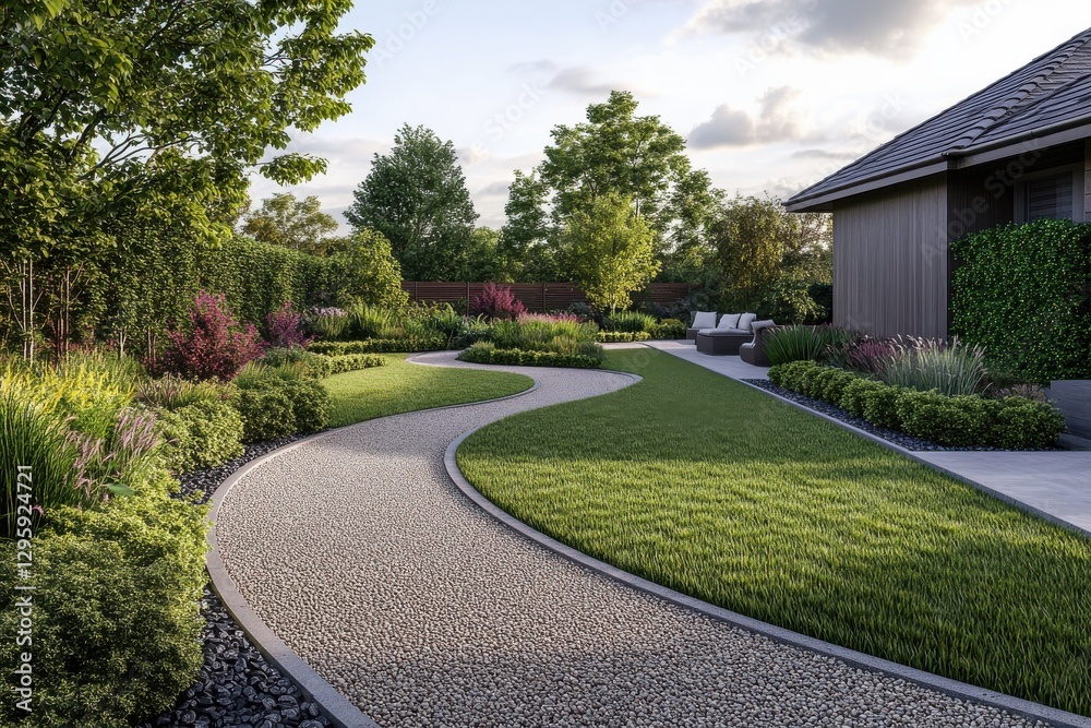 Fototapeta premium Landscaped garden, curved gravel path, lush green lawn, ornamental shrubs, pebble mulch, geometric design, clean edges