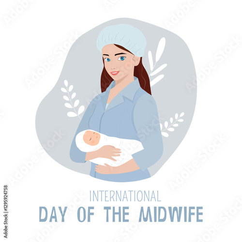 International Midwife Day. May 5. Hand drawn midwife holding a baby. Line. Doodle. Poster, banner, card, background. Eps 10.