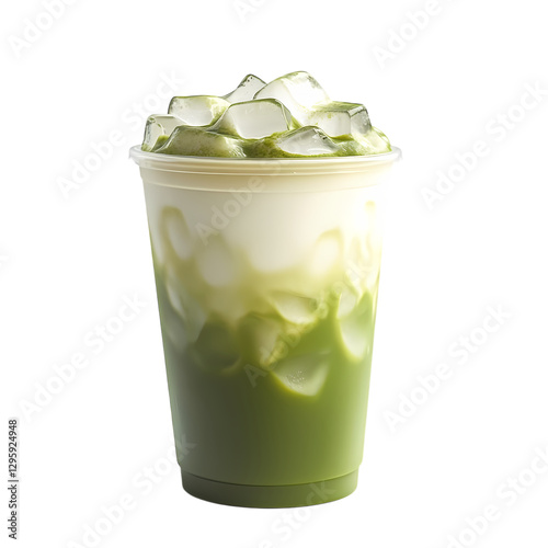 Iced Matcha Latte with milk and ice cubes in takeaway cup.  transparent background. 