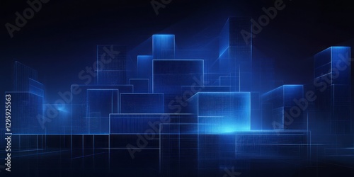 Abstract cityscape design rendered with glowing blue lines and shapes