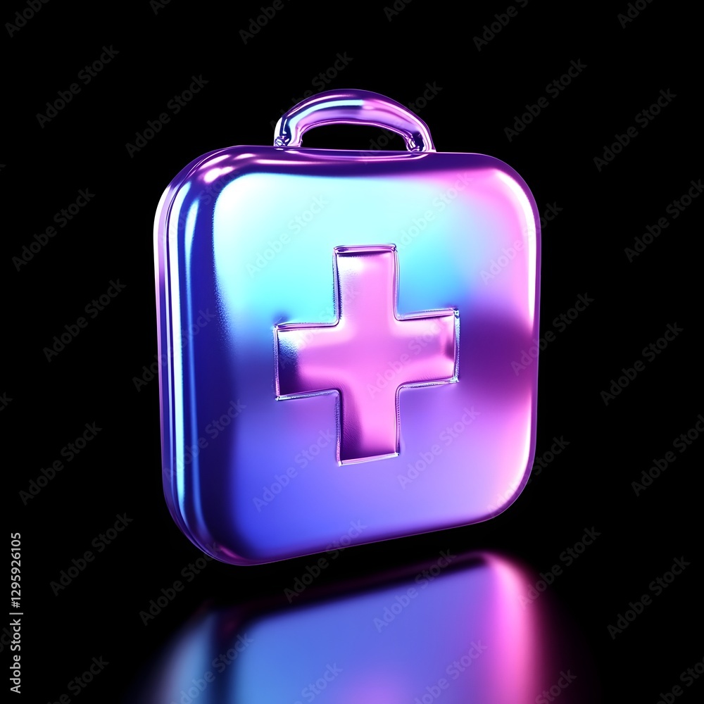 Obraz premium Glossy Blue Purple First Aid Kit Icon Floating in Air on Dark Background