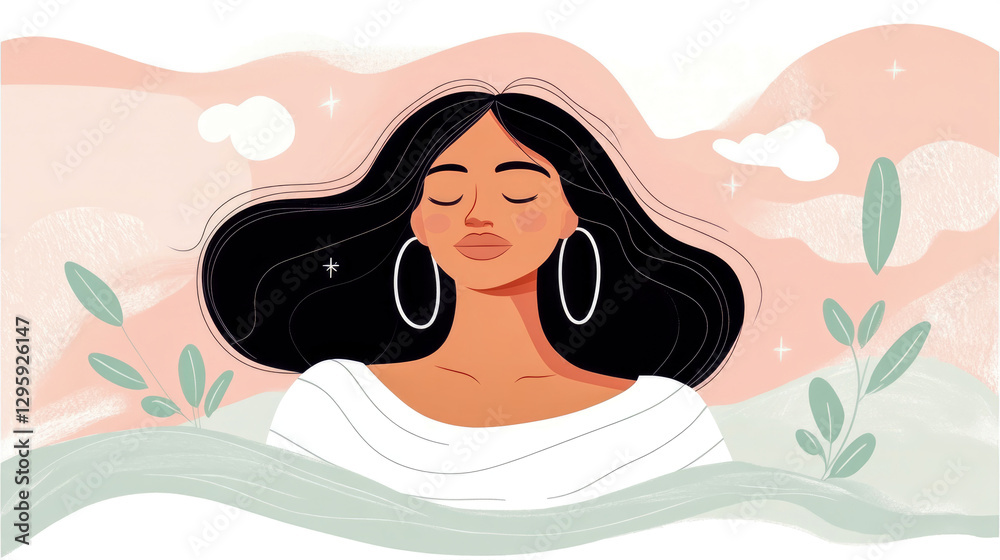 Serene Woman in Meditation, Pastel Hues, Modern Graphic Illustration for Print, Card, Wellness Poster Serene Woman in Meditation, Pastel Hues, Modern Graphic Illustration for Print, Card, Wellness Poster