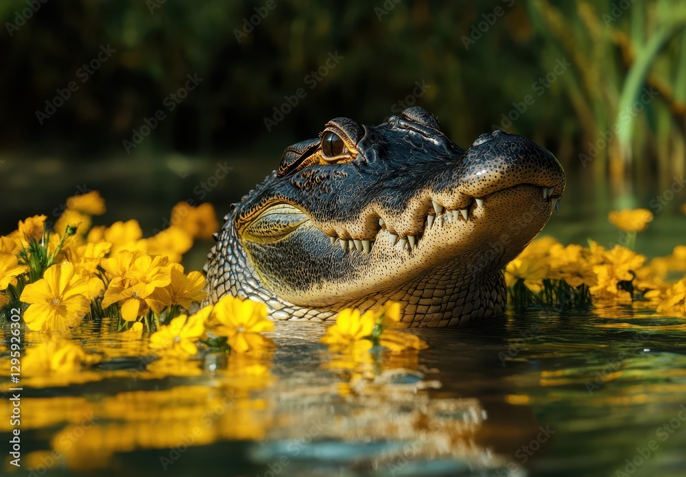 Fototapeta premium Close-Up of an Alligator Surrounded by Vibrant Yellow Flowers in a Tranquil Water Setting on a Bright Sunny Day