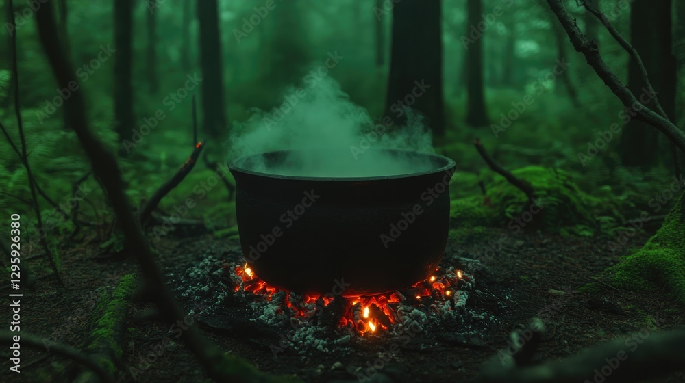Steam rises from large cauldron, surrounded by mysterious forest Steam rises from large cauldron, surrounded by mysterious forest
