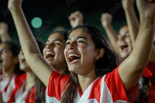 Cheerful soccer fans celebrating victory in team spirit at night match