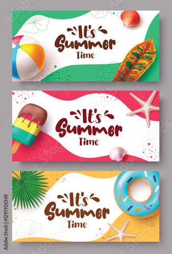 It's summer time greeting text in colorful abstract background clip art with beach ball, popsicle, sea shell, floaters and tropical elements for banner template vector illustration.