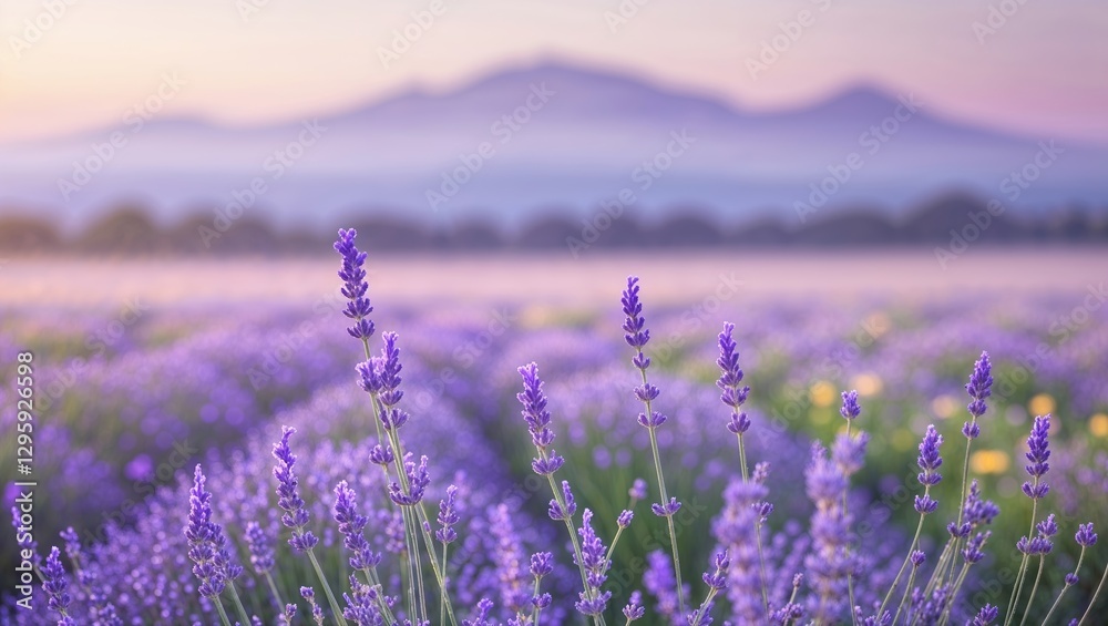 Obraz premium Lavender blooms in a serene field with mountains in the background during sunset