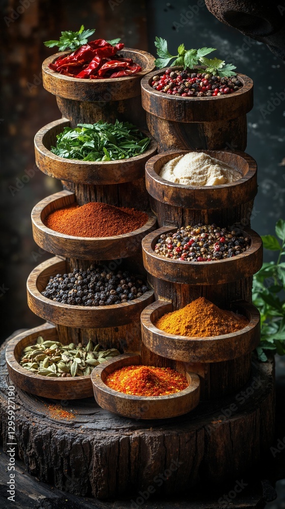 Fototapeta premium Rustic spice assortment in wooden bowls with herbs and peppers for culinary inspiration
