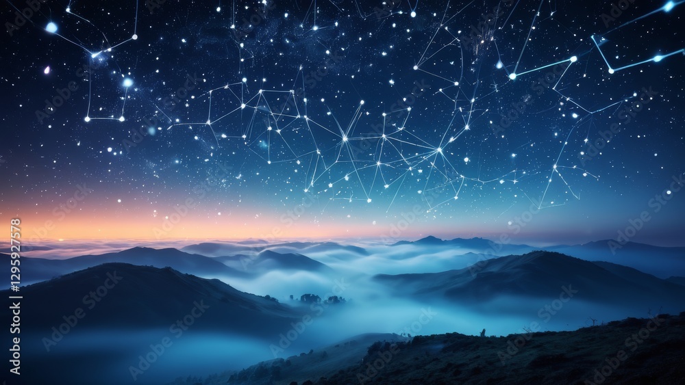 Fototapeta premium Misty mountain peaks beneath a stunning starry sky. The night sky is filled with sparkling stars, enhancing the serene and peaceful atmosphere of the foggy landscape below.