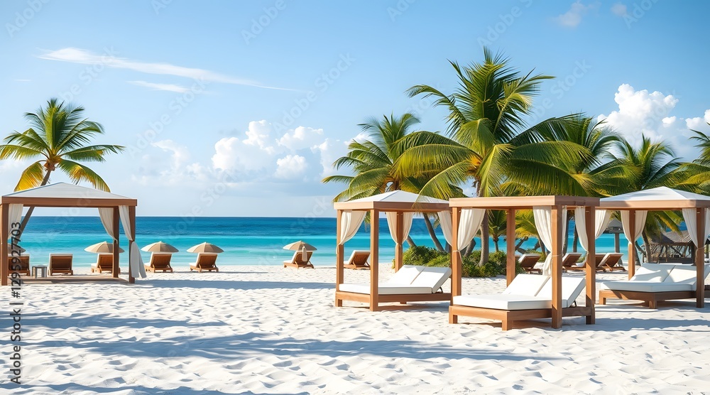 Obraz premium A picturesque tropical beach scene featuring luxurious cabanas, palm trees, and inviting sun loungers, perfect for relaxation under the bright blue sky and serene ocean waves. 