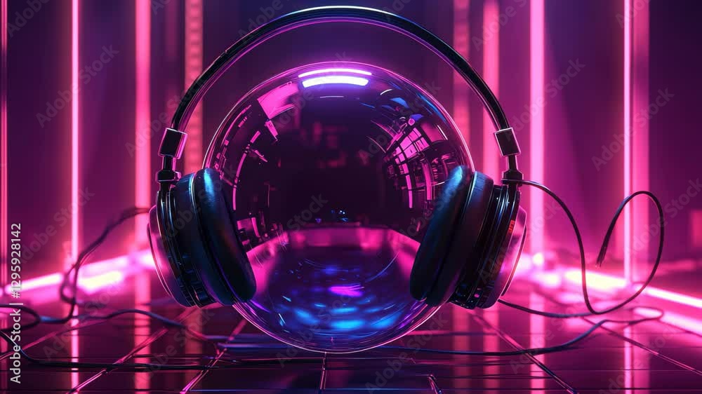 Horror shadows envelop a whimsical bubble with headphones in a neon-lit space, 3D horror shadows around cute bubble in headphones, neon cyberpunk,