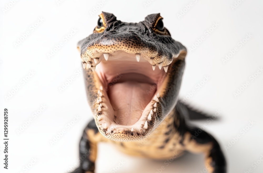 Obraz premium Close-Up of an Alligator with Open Mouth Showcasing Sharp Teeth, Textured Skin, and Striking Eyes Against a Neutral Background