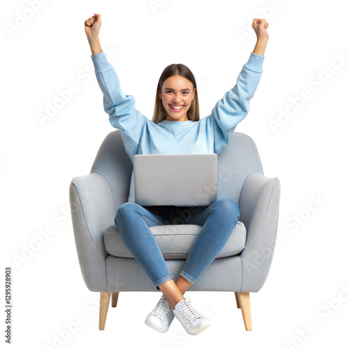 A joyful woman browsing laptop sitting on the sofa, and enjoy moment AI Generated Image