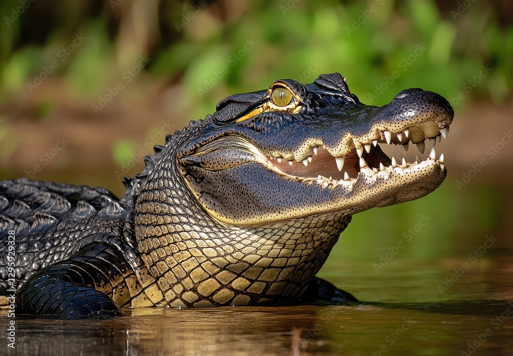 Fototapeta premium Close-up of an Alligator with Sharp Teeth Emerging from Water in a Lush Green Environment Under Bright Sunlight in a Wild Habitat